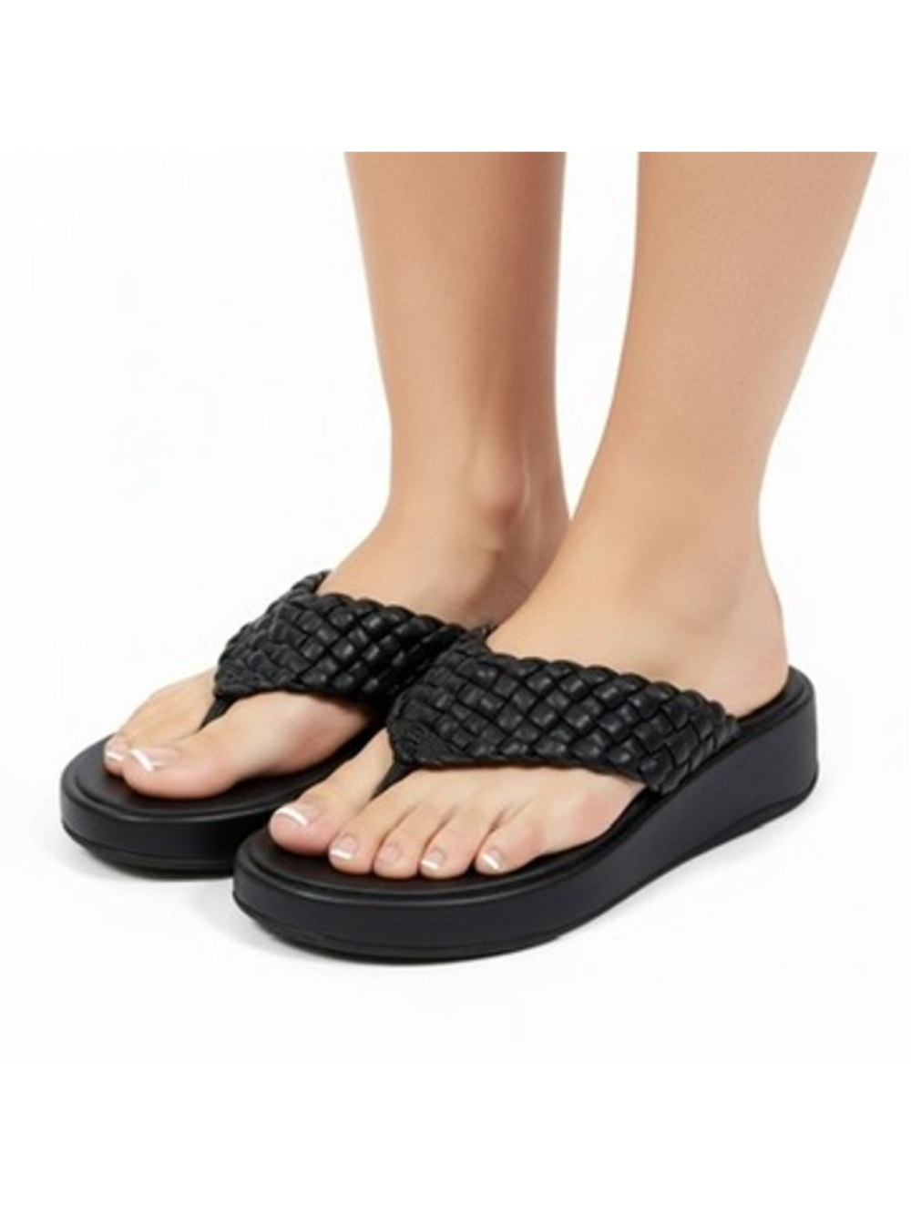 FitFlop F-Mode Braided Leather Thong Sandals Black Platform Wedge Slides Size 7